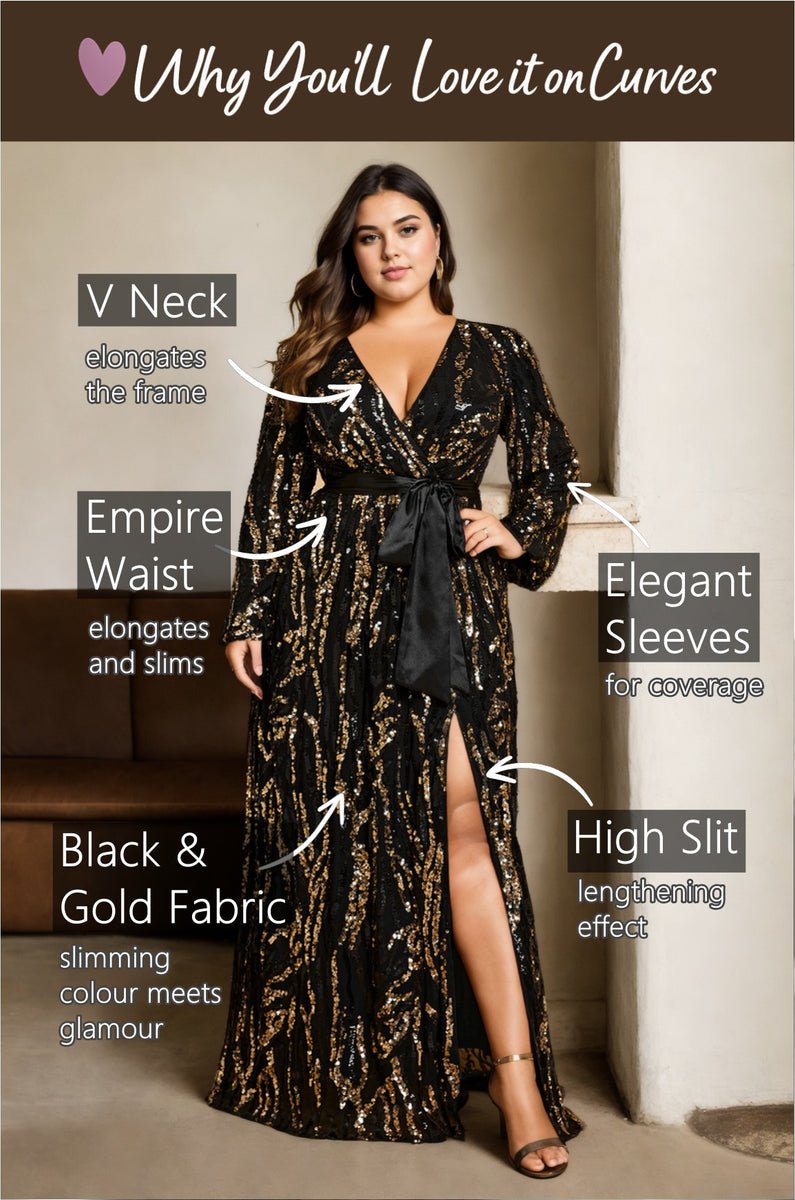 Caroline Plus Size Black Gold Wrap Evening Dress– Hello Curve