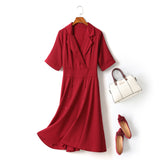 Hadley Plus Size Blazer Collar Double Breast Swing Short Sleeve Shirt Dress (Red, Black)