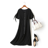 Harper Plus Size V Neck Buttons Ribbon Sleeve Black Short Sleeve Midi Dress
