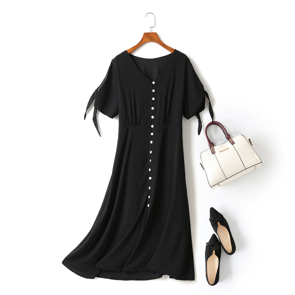 Harper Plus Size V Neck Buttons Ribbon Sleeve Black Short Sleeve Midi Dress