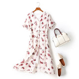 Ella Plus Size White Floral Print V Neck Button Down Short Sleeve Midi Dress