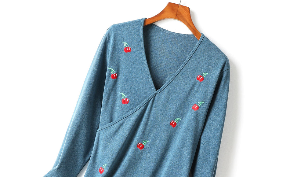 Josie Plus Size Wrap V Neck Cherry Embroidery Knit Sweater Long Sleeve Blouse (Blue, Cream, Black)