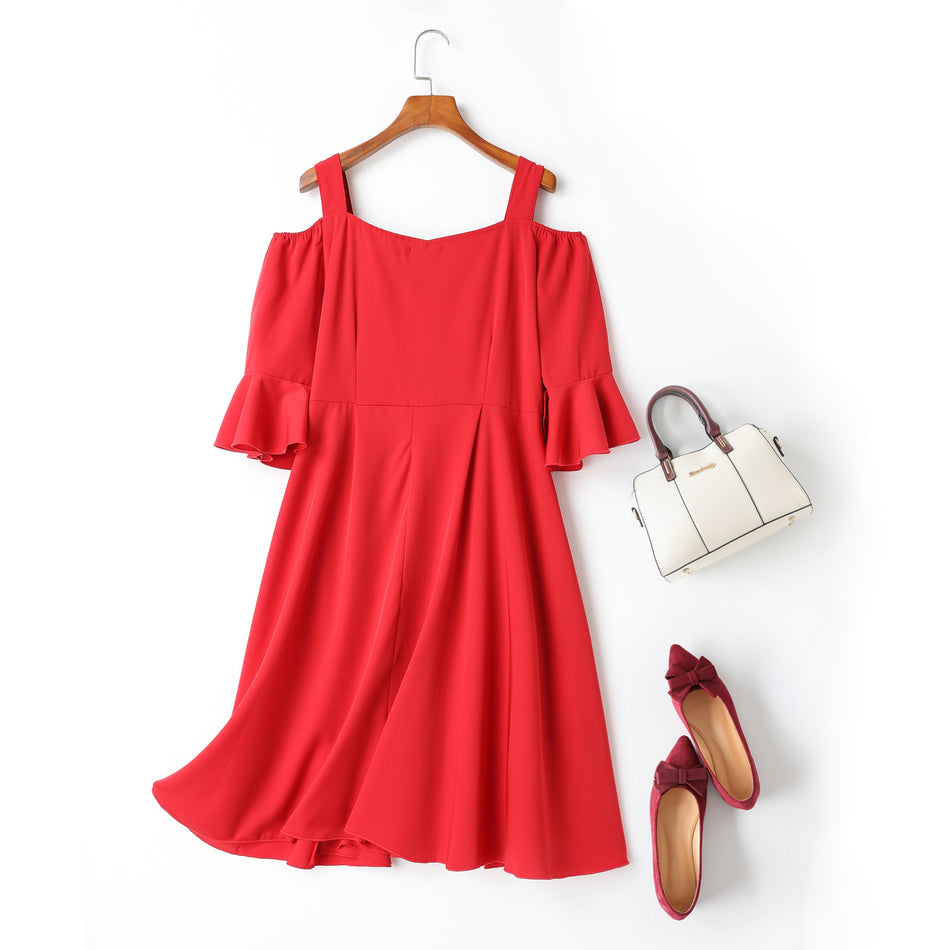 Colene Plus Size Off Shoulder Bell Sleeves Buttons Swing Mid Sleeve Dress