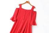 Colene Plus Size Off Shoulder Bell Sleeves Buttons Swing Mid Sleeve Dress