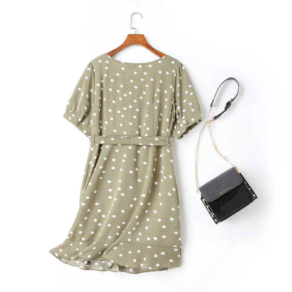 Caitlyn Plus Size Square Sweetheart Neck Polka Dots Waist Tie Mermaid Short Sleeve Dress