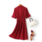Hadley Plus Size Blazer Collar Double Breast Swing Short Sleeve Shirt Dress (Red, Black)