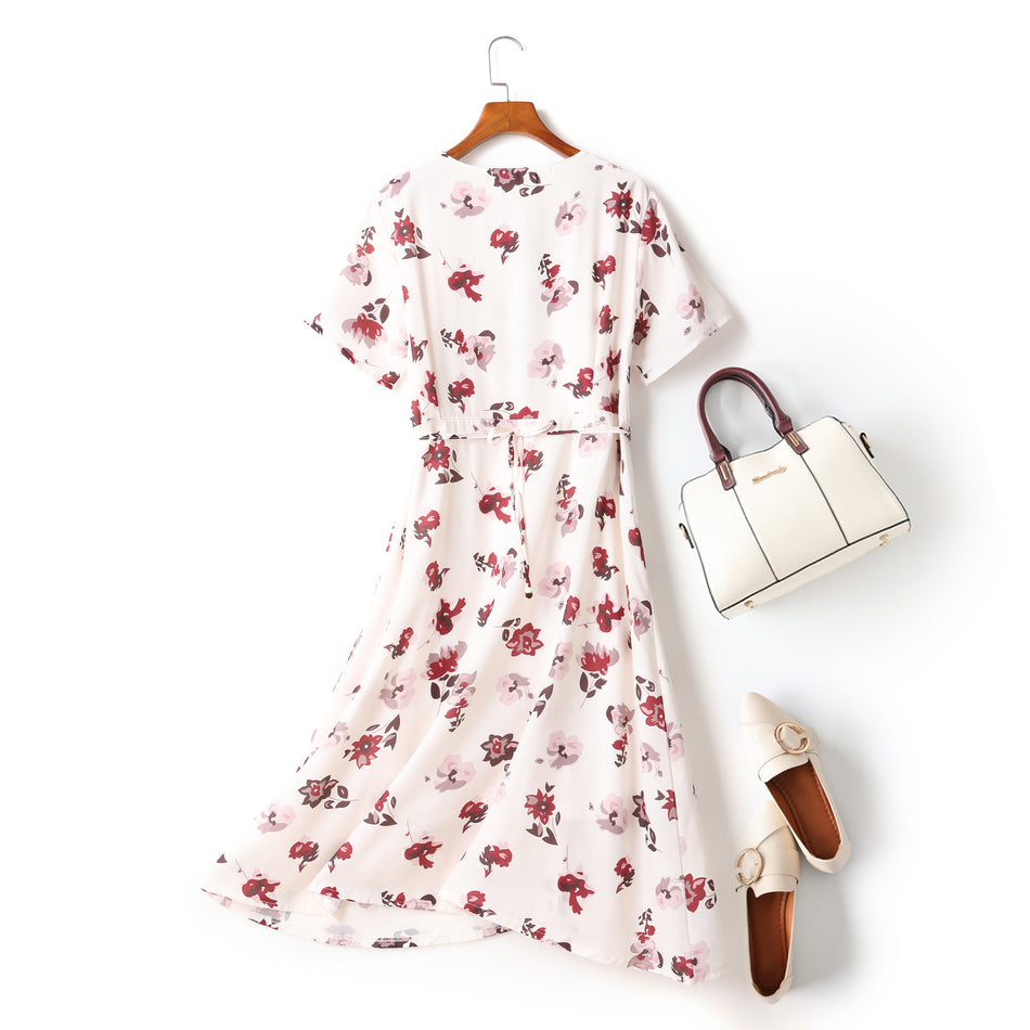 Ella Plus Size White Floral Print V Neck Button Down Short Sleeve Midi Dress