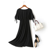 Harper Plus Size V Neck Buttons Ribbon Sleeve Black Short Sleeve Midi Dress