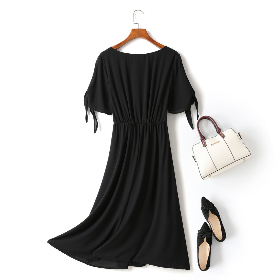 Harper Plus Size V Neck Buttons Ribbon Sleeve Black Short Sleeve Midi Dress