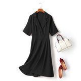 Hadley Plus Size Blazer Collar Double Breast Swing Short Sleeve Shirt Dress (Red, Black)