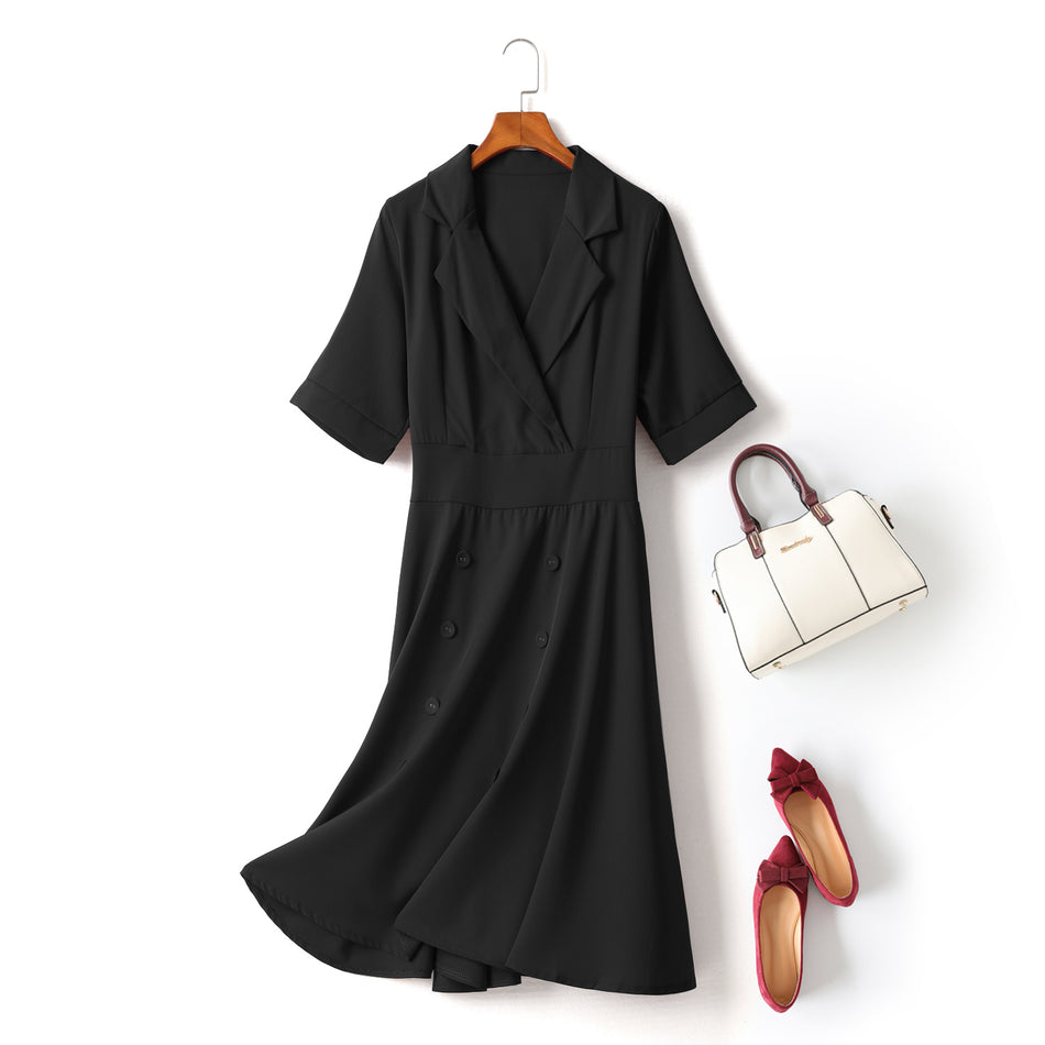 Hadley Plus Size Blazer Collar Double Breast Swing Short Sleeve Shirt Dress (Red, Black)