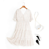 Amelia Polka Dots Printed V Neck Tier Chiffon Plus Size Short Sleeve Midi Dress