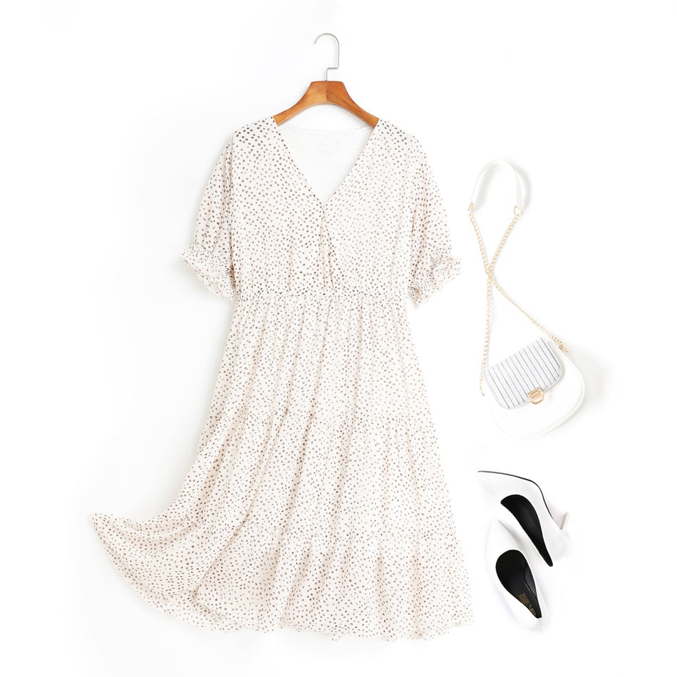Amelia Polka Dots Printed V Neck Tier Chiffon Plus Size Short Sleeve Midi Dress