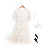 Amelia Polka Dots Printed V Neck Tier Chiffon Plus Size Short Sleeve Midi Dress