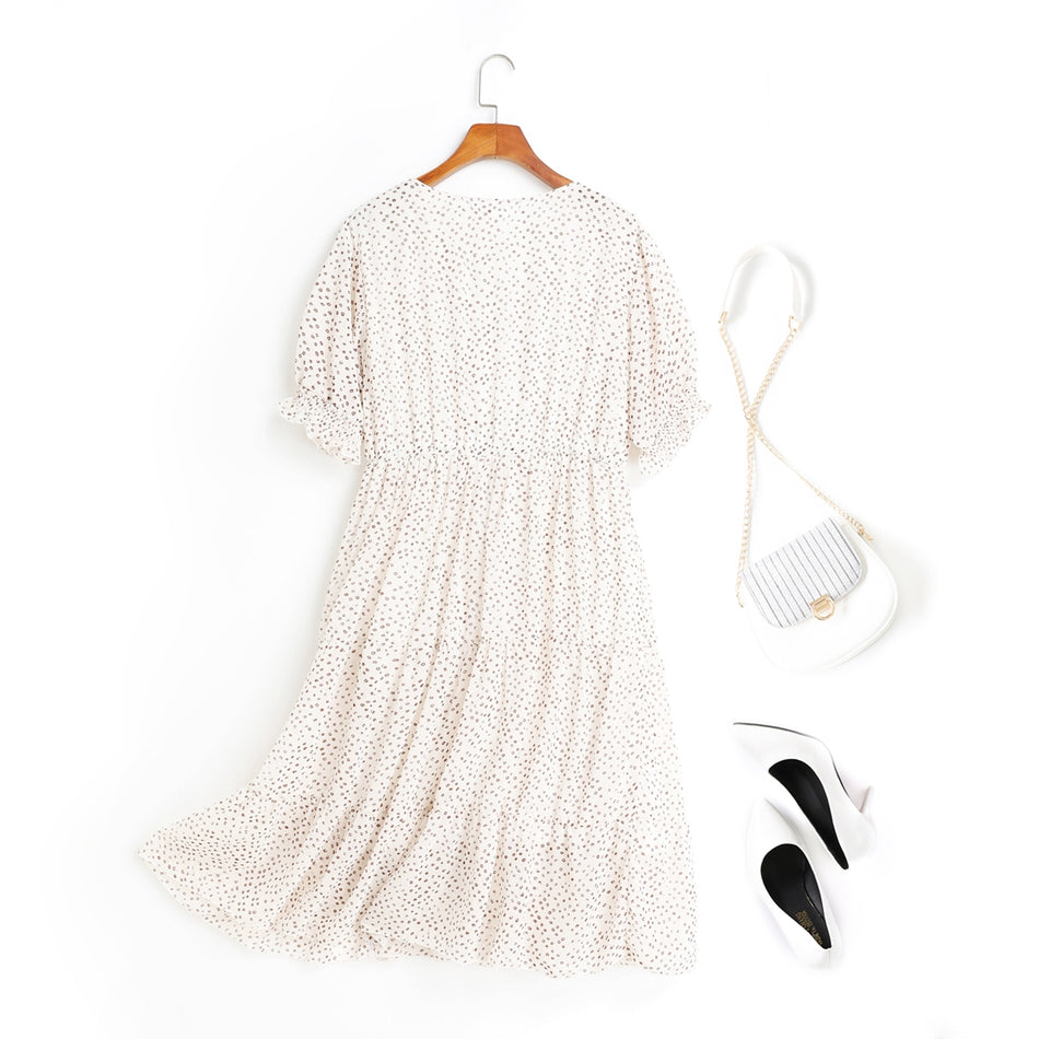 Amelia Polka Dots Printed V Neck Tier Chiffon Plus Size Short Sleeve Midi Dress