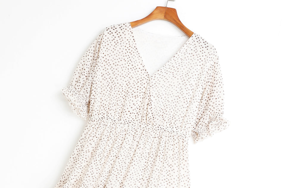 Amelia Polka Dots Printed V Neck Tier Chiffon Plus Size Short Sleeve Midi Dress