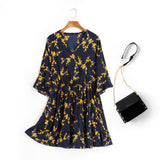 Anne Blue Floral V Neck Wrap Neck Bell Sleeve Tier Mid Sleeve Dress