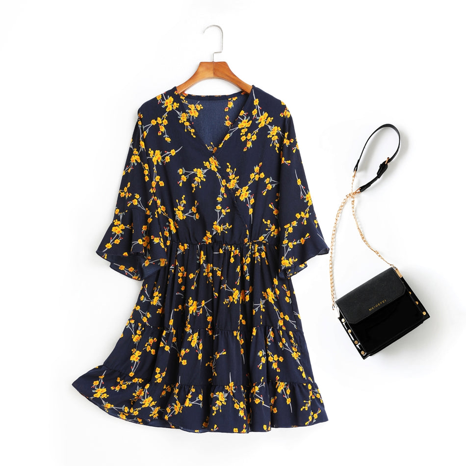 Anne Blue Floral V Neck Wrap Neck Bell Sleeve Tier Mid Sleeve Dress