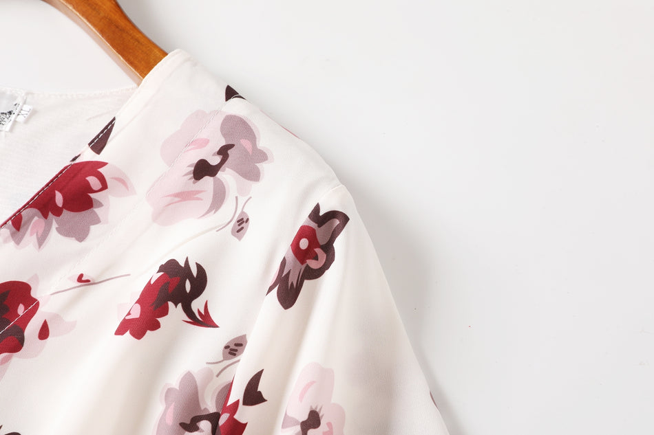Ella Plus Size White Floral Print V Neck Button Down Short Sleeve Midi Dress