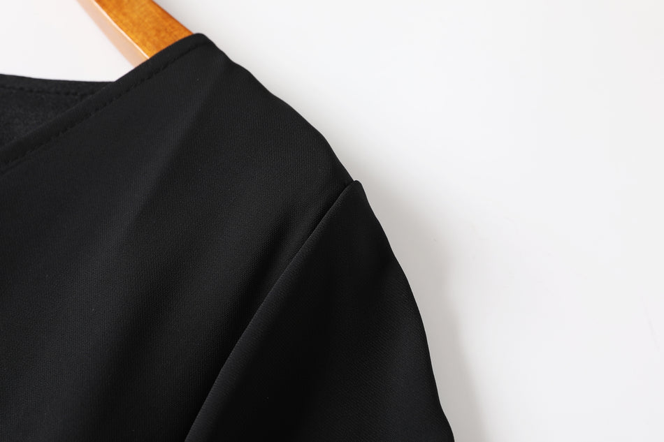 Harper Plus Size V Neck Buttons Ribbon Sleeve Black Short Sleeve Midi Dress