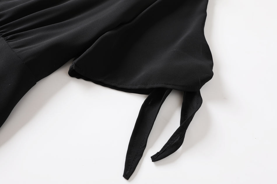 Harper Plus Size V Neck Buttons Ribbon Sleeve Black Short Sleeve Midi Dress