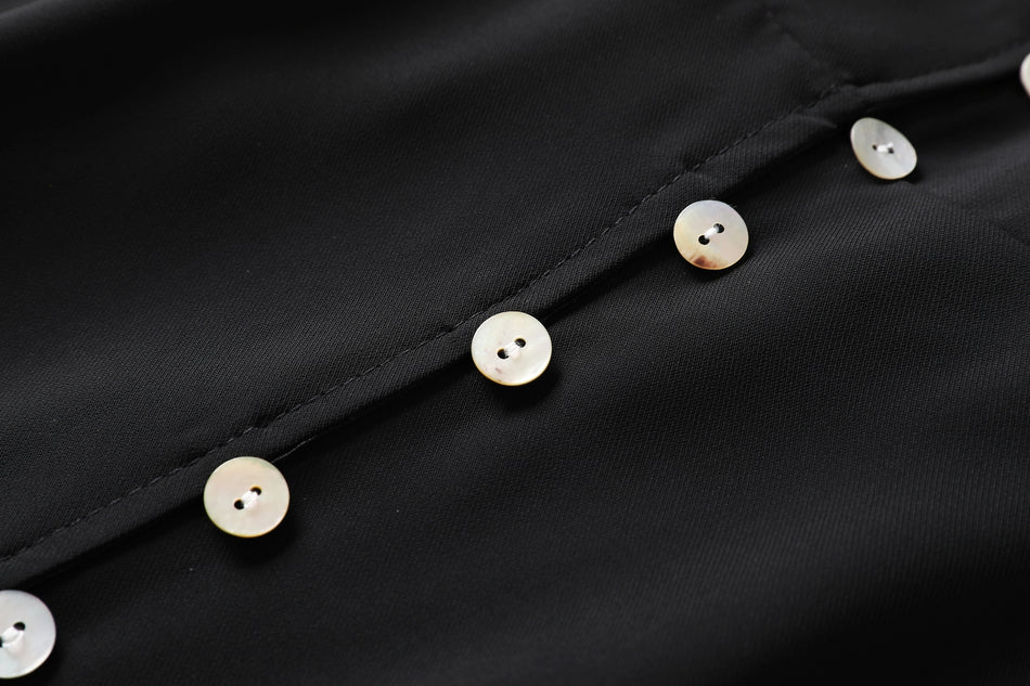 Harper Plus Size V Neck Buttons Ribbon Sleeve Black Short Sleeve Midi Dress