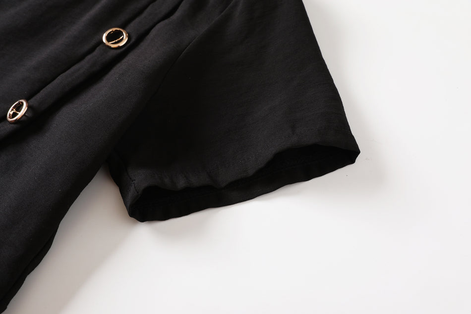 Erika Plus Size Black Grommet Buttons With Pockets Flare Hem Short Sleeve Dress