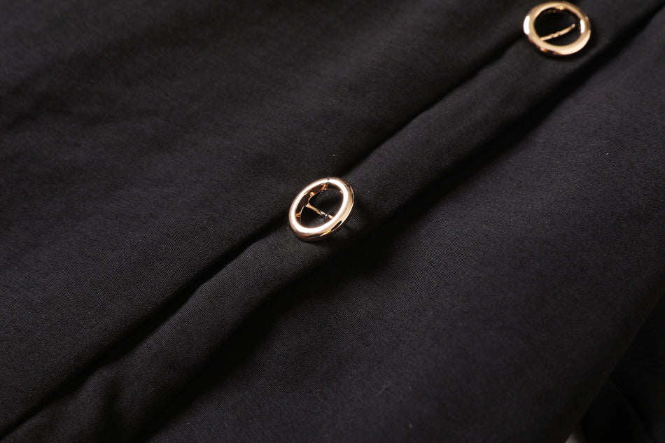 Erika Plus Size Black Grommet Buttons With Pockets Flare Hem Short Sleeve Dress