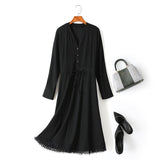 Ysabel Plus Size V Neck Buttons Tassel Hem Long Sleeve Midi Dress (Suitable for Work, Office and Weekends)