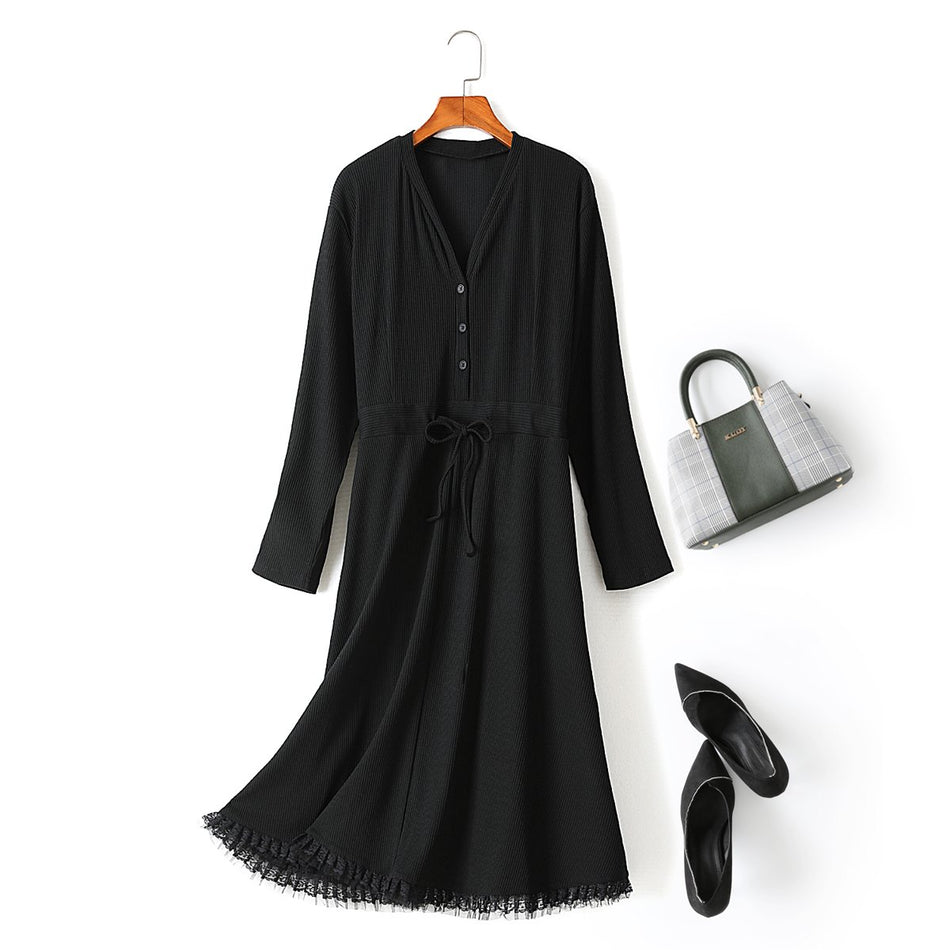 Ysabel Plus Size V Neck Buttons Tassel Hem Long Sleeve Midi Dress (Suitable for Work, Office and Weekends)