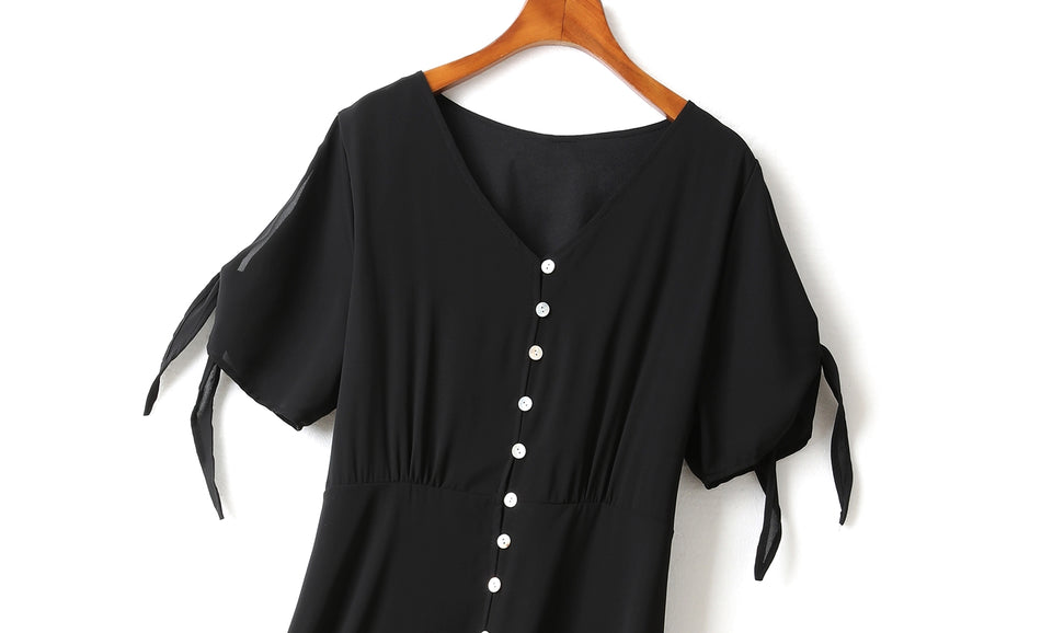 Harper Plus Size V Neck Buttons Ribbon Sleeve Black Short Sleeve Midi Dress