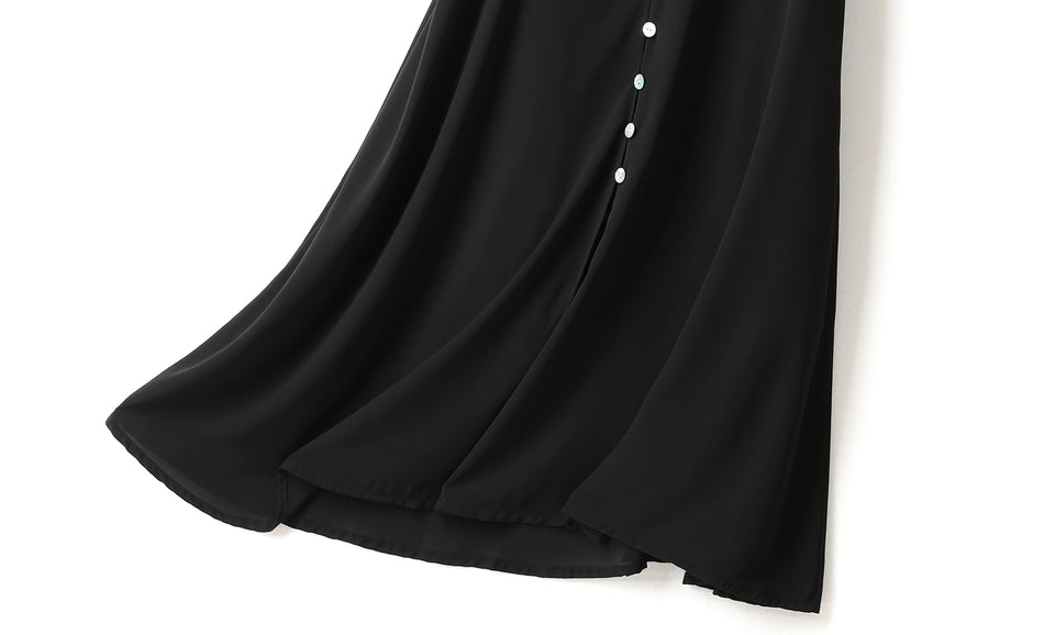 Harper Plus Size V Neck Buttons Ribbon Sleeve Black Short Sleeve Midi Dress