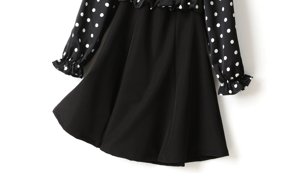 (2 Way Wear!) Hope Plus Size Polka Dots Colour Block Swing Off Shoulder Long Sleeve Dress (Black)