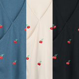 Josie Plus Size Wrap V Neck Cherry Embroidery Knit Sweater Long Sleeve Blouse (Blue, Cream, Black)