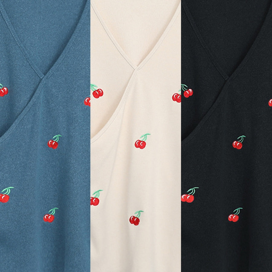 Josie Plus Size Wrap V Neck Cherry Embroidery Knit Sweater Long Sleeve Blouse (Blue, Cream, Black)