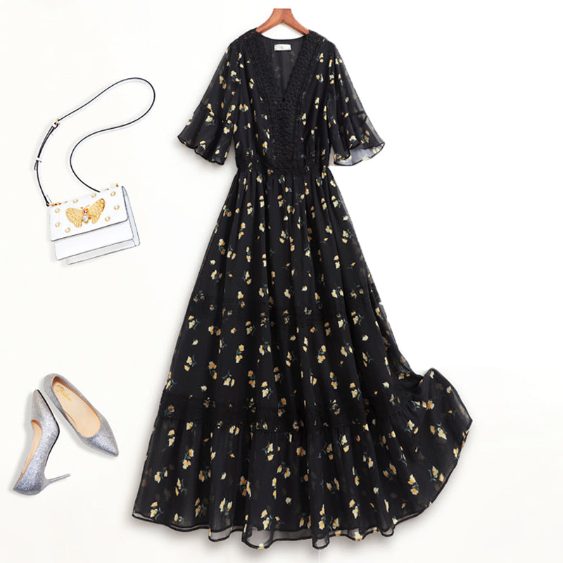 Plus Size Black Floral Chiffon Midi Dress