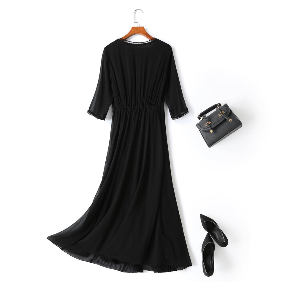 Gracelynne Plus Size Black Chiffon 3/4 Sleeve Dress