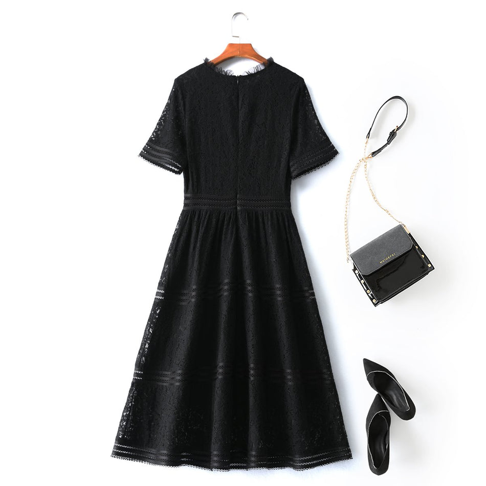 Plus Size Black Lace Formal Midi Dress - back view
