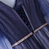 Plus Size Navy Short Sleeve Gown - Back Close Up