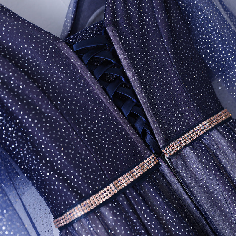 Plus Size Navy Short Sleeve Gown - Back Close Up