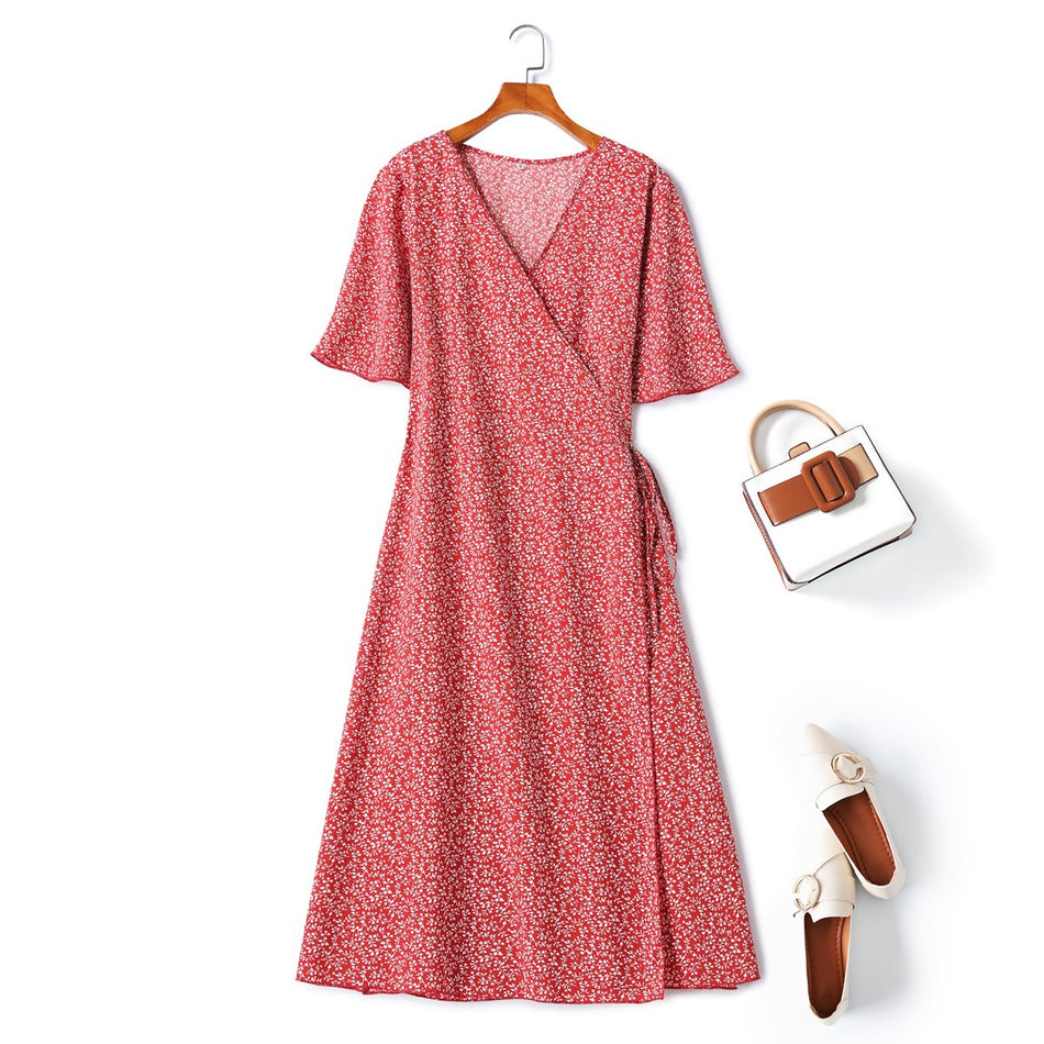 Plus Size Red Ditsy Floral Wrap Dress