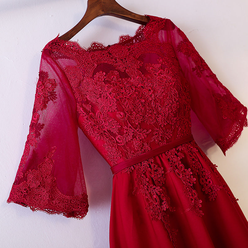 Plus Size Red Short Sleeve Evening Dress - Front Close Up View