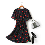 Mila Plus Size Cute Cherry Print V Neck Short Sleeve Dress (Blue)