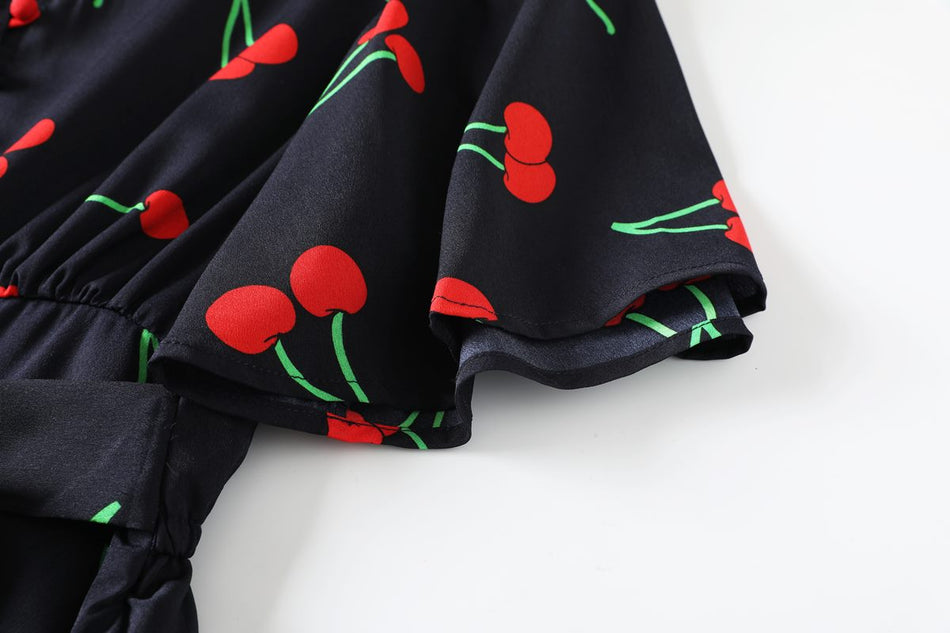 Mila Plus Size Cute Cherry Print V Neck Short Sleeve Dress (Blue)