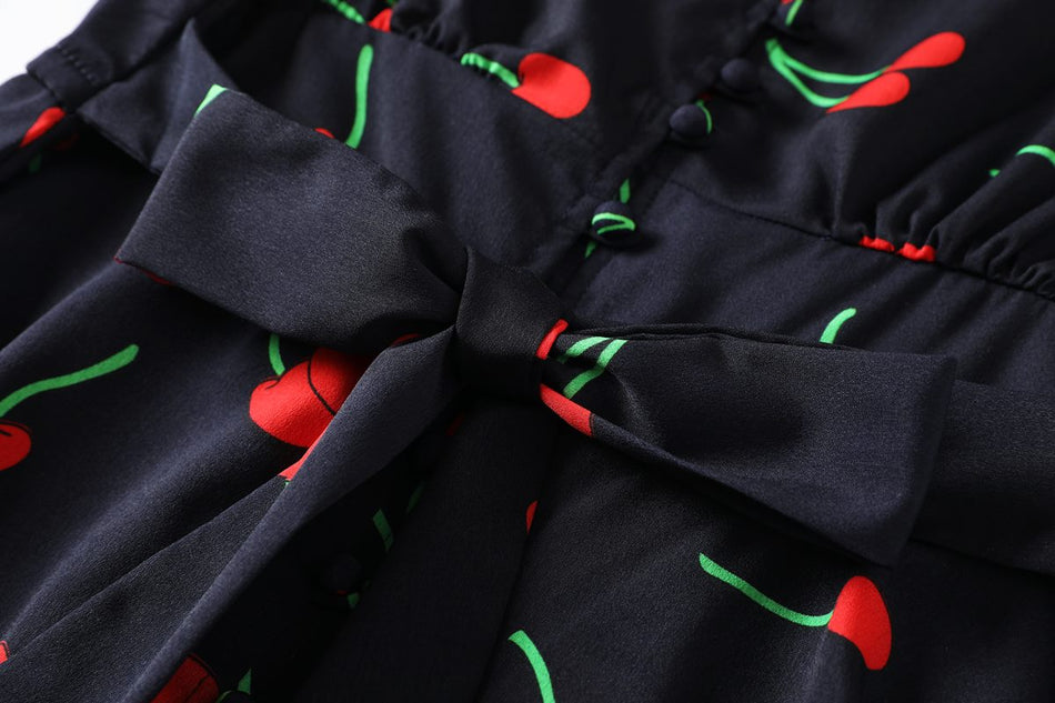 Mila Plus Size Cute Cherry Print V Neck Short Sleeve Dress (Blue)