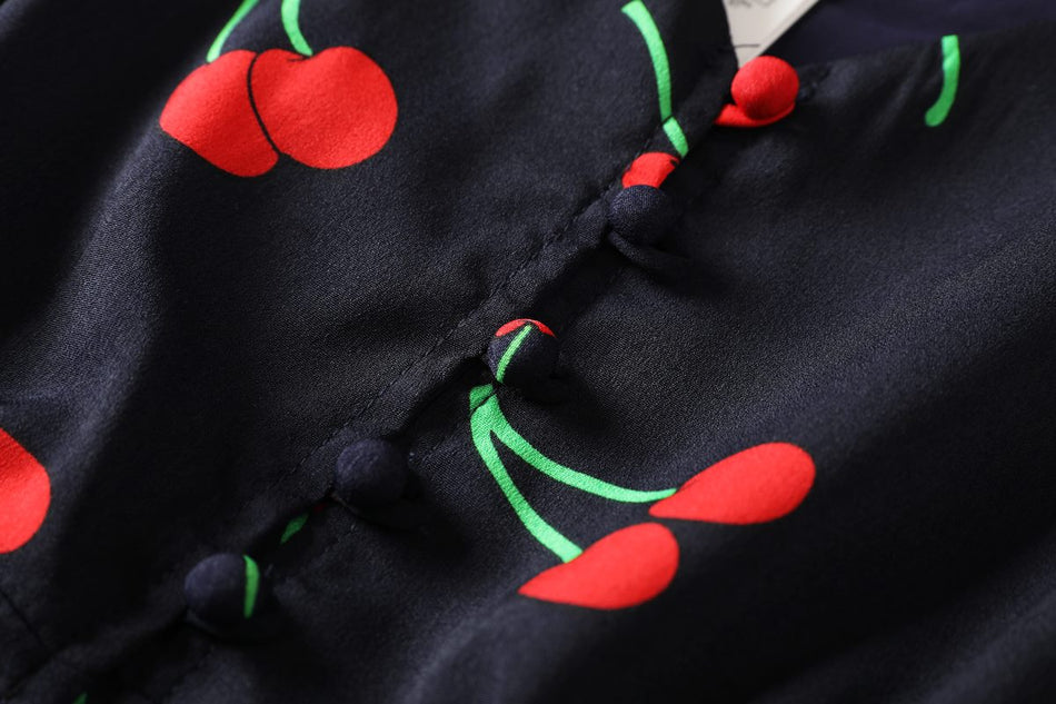 Mila Plus Size Cute Cherry Print V Neck Short Sleeve Dress (Blue)