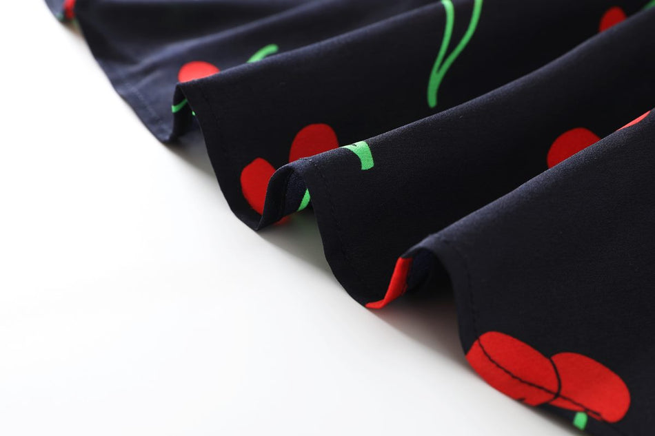 Mila Plus Size Cute Cherry Print V Neck Short Sleeve Dress (Blue)