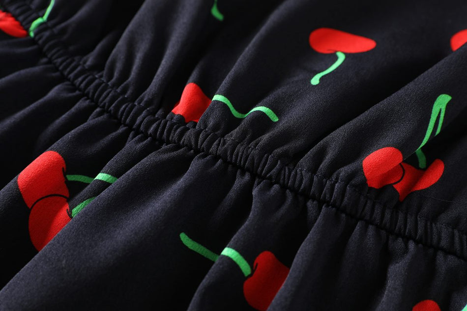 Mila Plus Size Cute Cherry Print V Neck Short Sleeve Dress (Blue)