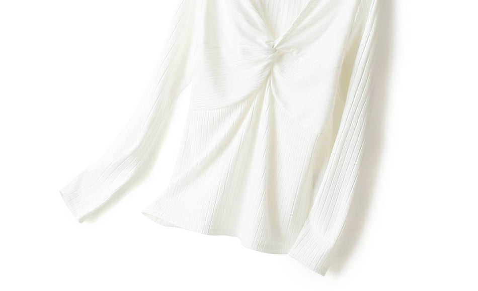 Lilly Plus Size Twist V Neck Ribbed Knit Long Sleeve T Shirt Blouse (Black, White)