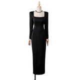 Plus size black square neck long sleeve midi dress on mannequin with necklace, showcasing neckline and structured bodice